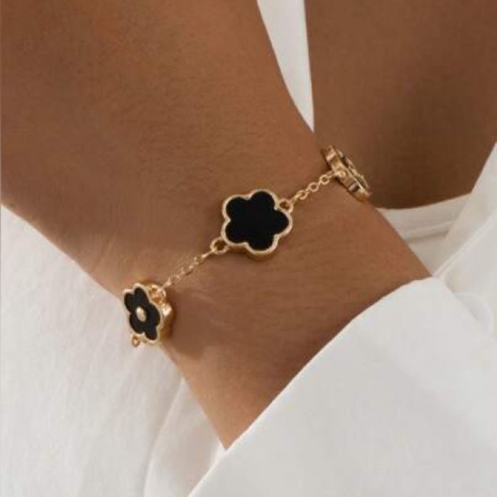 Gold and Black Enamel flowers Bracelet